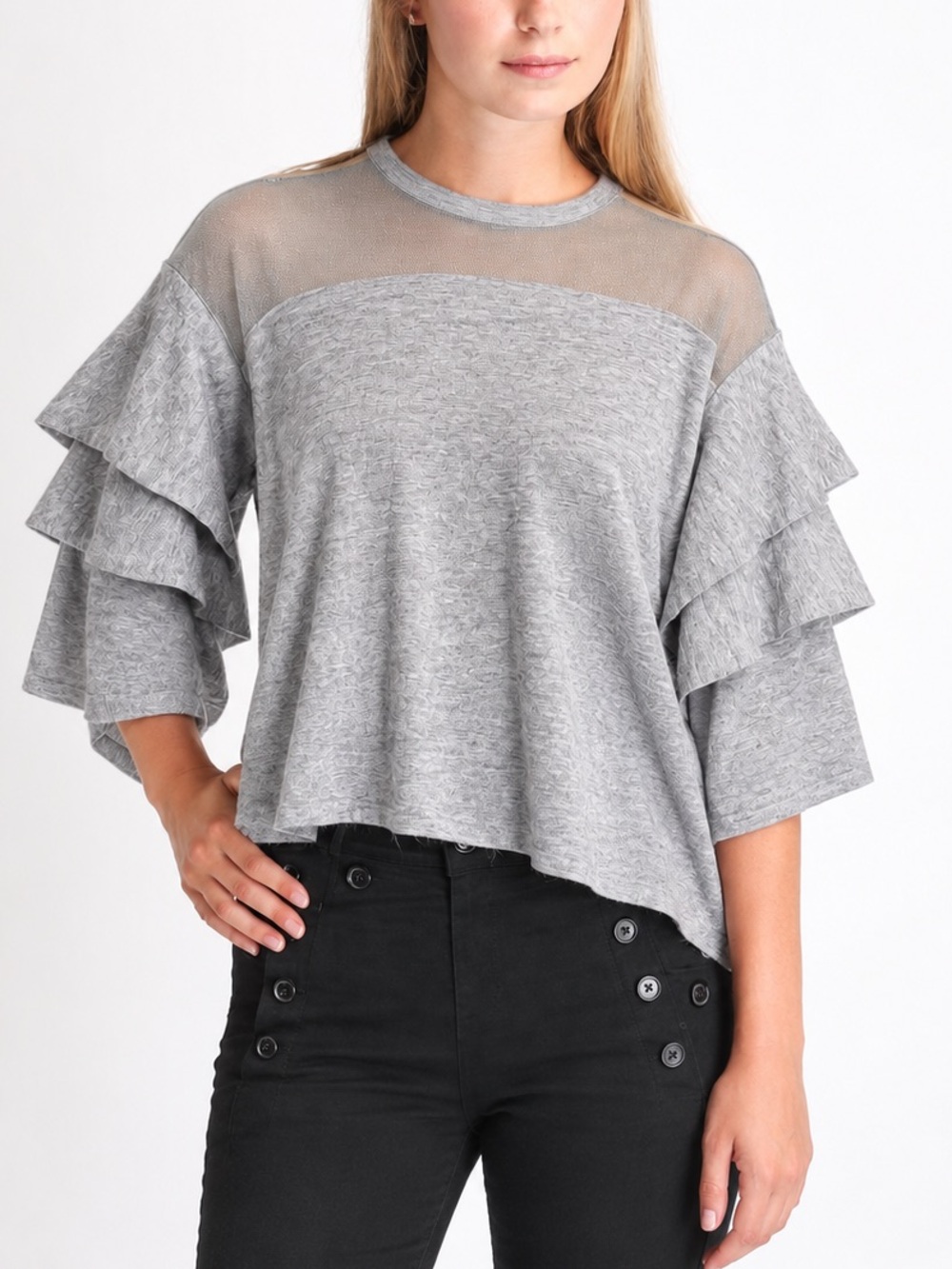 Heather Gray Nordstrom Ruffle Tiered Sheer Neck Sweater Top